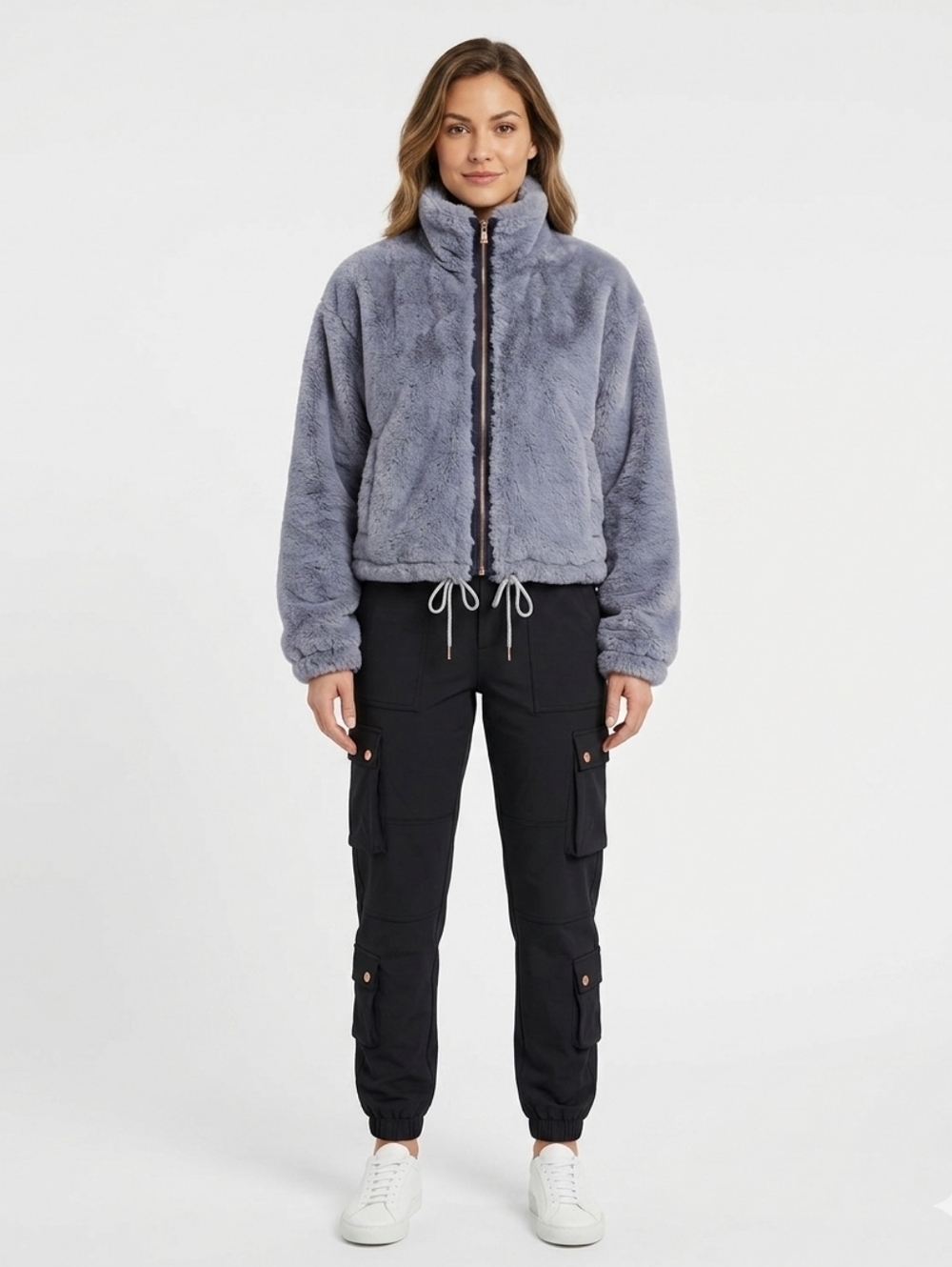 Anthropologie Elevenses Blue Gray Faux Fur Zip Up Teddy Jacket Plush Medium - Picture 3 of 14